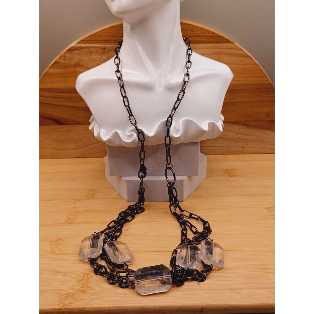 Cookie Lee Metal Gray Drawn Cable Chain Faceted Lucite Beads Layered Necklace